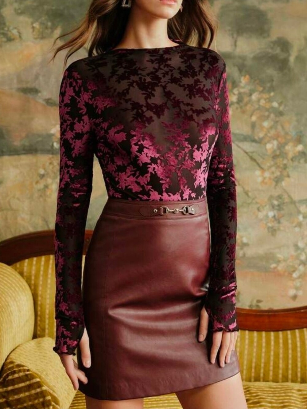 New Velvet Fitted Top Blouse Long Sleeve Sheer Floral Burn Out Burgundy Red